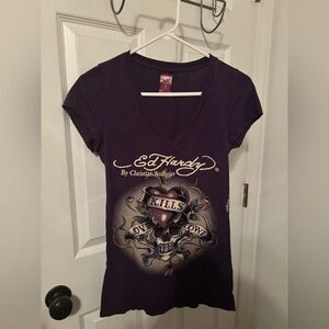Ed Hardy Vintage Y2K Women’s Purple “Love Kills Slowly” V-neck Tee Size Medium M